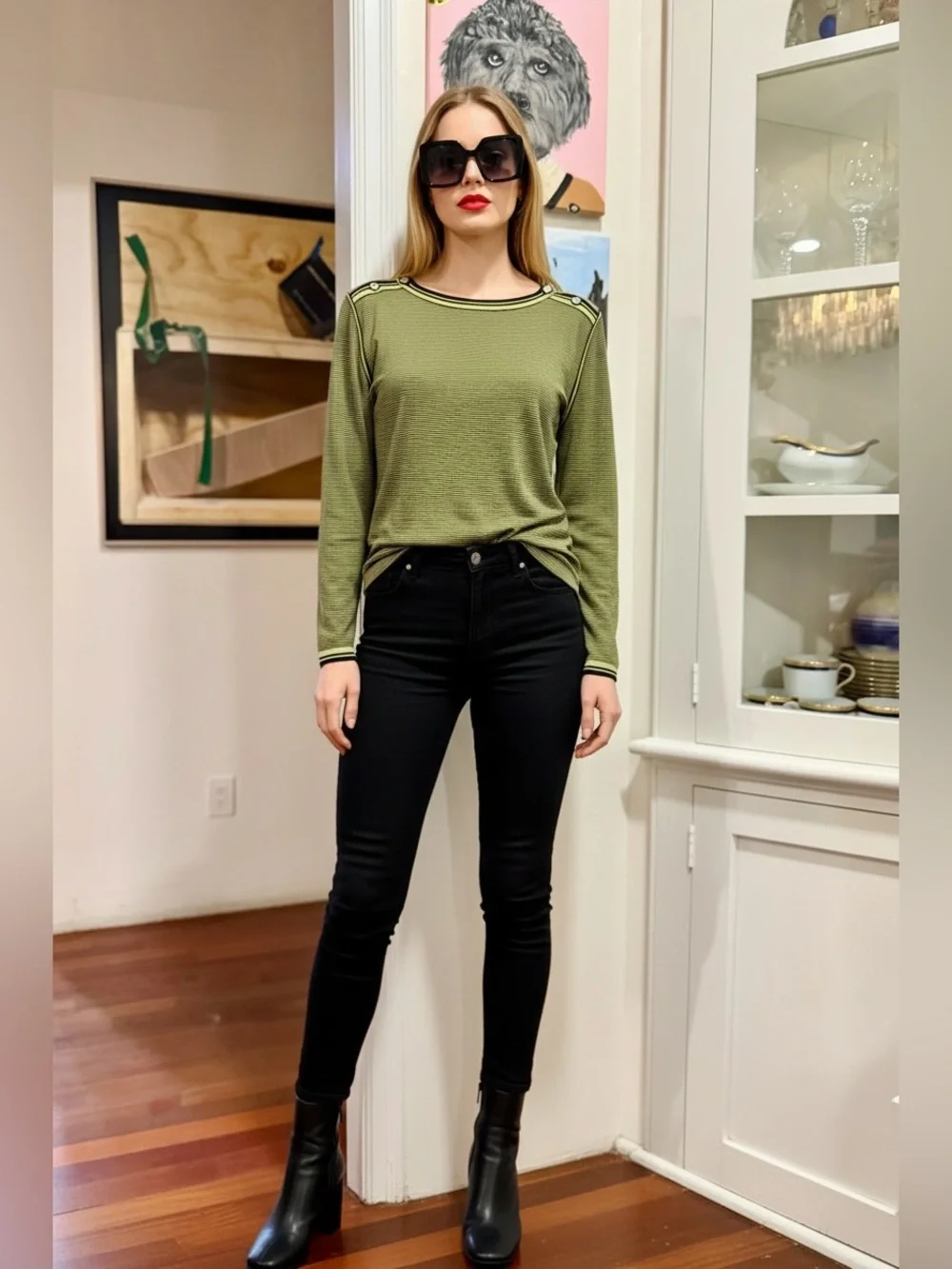 CHANEL Black and Olive Striped Knit Top
